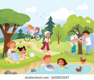 Family and children kids enjoys picnic in summer day walk through the park. Children swim, have fun outdoors. Kids and parents feed the wildlife enjoying the nature together. Kids swimming in a pound