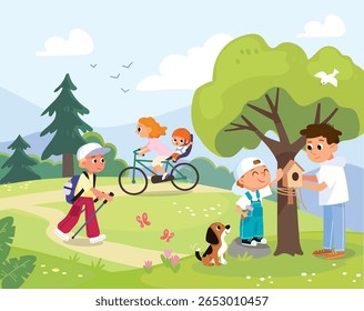 Família e crianças crianças curtem piquenique no dia de verão caminhar pelo parque. As crianças se divertem ao ar livre. Crianças e pais alimentam a vida selvagem desfrutando da natureza juntos. Pessoas no parque. Dia de verão.