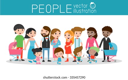  family and children ,family and kids, family life, set of Happy family, Different nationalities and dress styles, people character cartoon concept, African-American, Asian. European,