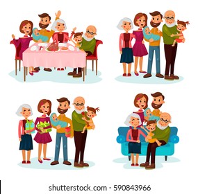 Family with children or kids near parents and grandparents. Father and mother, grandfather and grandmother with infants or baby at dinner table, with gifts and on sofa. Parenthood and family festive