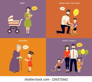 Family with children kids people concept flat icons set of parenting, dad time spending and being grandmother. Flat vectior mother with baby child, father with son and daughter. Parents with grand mom