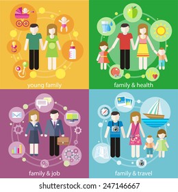 Family With Children Kids People Concept Icons Set Of Parenting In Flat Design Styly. Baners Of Young Family, Famile And Health, Famile And Job, Famile And Travel For Infographic 