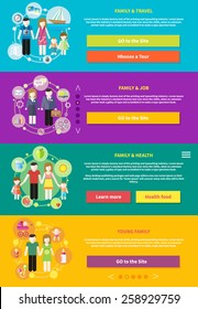 Family with children kids people concept icons set of parenting in flat design styly. Baners of young family, famile and health, famile and job, famile and travel for infographic 