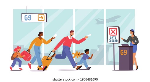 Family with Children Late for Boarding Plane. Worried People Run with Bags Upset with Missed Flight. Parents and Kids Characters in Stressful Situation during Travel. Cartoon Vector Illustration