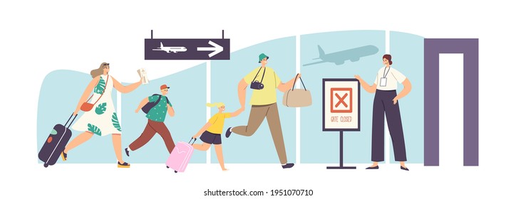 Family with Children Late for Boarding Plane. Worried People Run with Bags to Closed Gates Upset with Missed Flight. Parents, Kids Characters in Stressful Travel Situation. Cartoon Vector Illustration