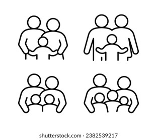 Family with children, line icon set. Kids hug with father and mother, parents. Happy different family. Vector outline illustration