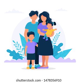 Family with children. Mother, father, boy and little girl, family photo. Vector illustration in flat style