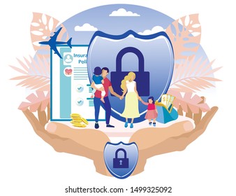 Family with Children on Background Insurance Policy and Wallet with Money. Vector Illustration. Reliable Protection. Insurance for Family. Life and Health on Vacation. Insurance Payment.