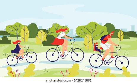 Family with Children on Bike Ride Through Park. Husband and Wife with Children Spend Time Riding Bicycles Against Backdrop Trees. Father Takes his Son on Bicycle, Mother and Daughter Go after him.