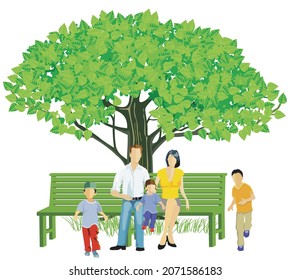 Family with children on a park bench under a tree , Illustration