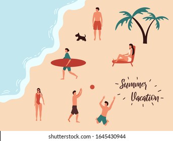 Family and children on sea. Men or women swimming in swimwear, diving, surfing, lying on floating air mattress, playing ball. Cartoon vector illustration