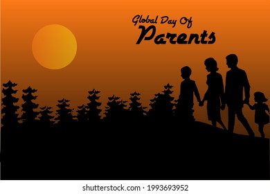 a family of children and parents walking slowly against the sunset background, beautiful landscape with neatly lined pine plants, for posters, banners and templates