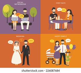 Family with children people concept flat icons set of social networking and flirting using laptops, first dating in the restaurant, wedding and parenting. Family with kids vector illustration