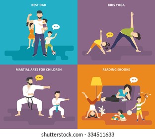 Family with children people concept flat vector sport icon set of best dad, mom doing yoga with kid, dad with son doing martial arts exercise and family babysitter reading on sofa with playful kid