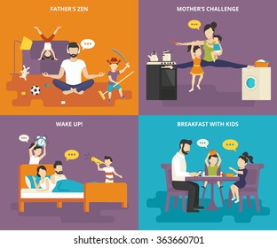 Family with children people concept flat icons set of fathers zen, mom with kids between the stove and washing machine, wake up with children and fun breakfast