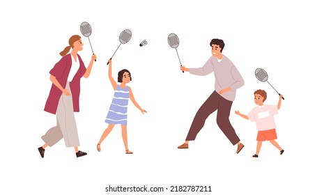 Family and children playing badminton together, sports game with rackets. Happy active healthy parents and kids during sporty activity outdoors. Flat vector illustration isolated on white background