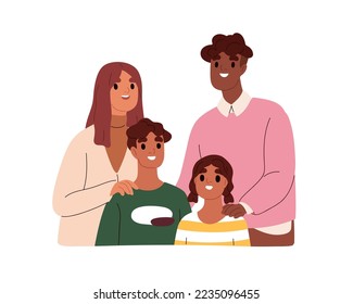 Retrato familiar con niños. Felices padres internacionales, niños. Madre, padre, hija e hijo de diferente raza. Mamá interracial, papá. Ilustración vectorial plana aislada en fondo blanco.