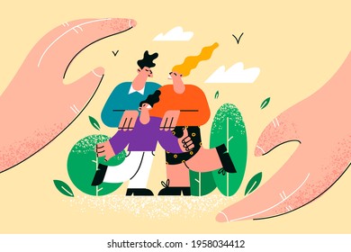 Family with children protection concept. Human hands protecting young happy family with small children walking in green park together vector illustration