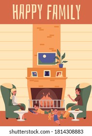 Family with children resting at home near fireplace flat vector illustration. Template of banner or poster for Family day celebration with cute scene of joint recreation.