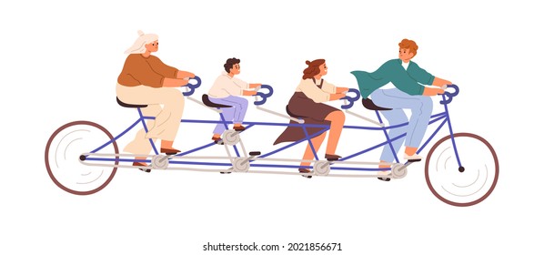 Family With Children Riding Long Tandem Bicycle Together. Father, Mother And Kids Cycling Multi-pedal Bike For Multiple Riders. Flat Vector Illustration Of Co-cyclists Isolated On White Background