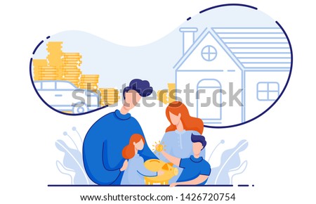 Family with Children Saves Money Buy House and Car. From Poverty to Wealth. Achive Goal. Vector Illustration. Earn Money. Financial Stability. Cash Savings. Save Money. Toss Coins in Piggy Bank.