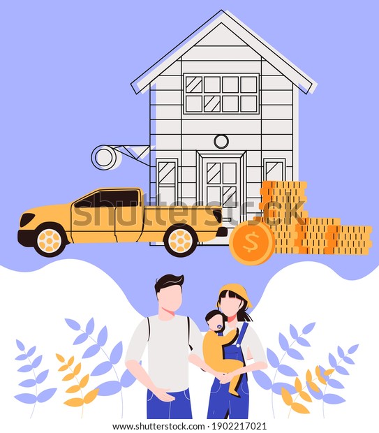 Family with Children Saves Money Buy House and Car.\
From Poverty to Wealth. Achive Goal. Vector Illustration. Earn\
Money. Financial Stability. Cash Savings. Save Money. Toss Coins in\
Piggy Bank.