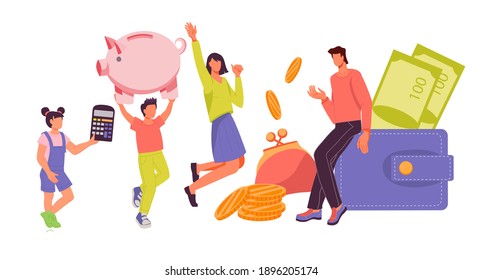 Family With Children Saving Money In Piggy Bank. Family Budget And Finance, Income And Expenses Planning. Money Economy And Lending, Flat Vector Illustration Isolated On White.