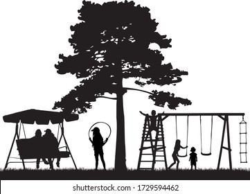 Family, children silhouette at the playground, vector illustration