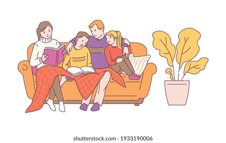 Family with children sitting on sofa and reading a book, sketch vector illustration isolated on white background. Cartoon characters of parents and children together.