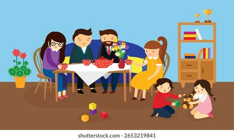 Family and children are sitting at the table. Vector illustration in flat style.