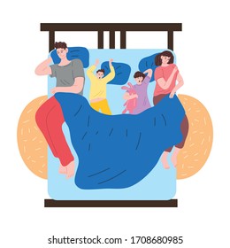 Family with children sleeping in one bed at home vector illustration
