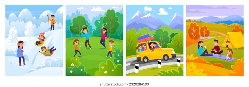 Family with children spend time together in nature in 4 seasons: winter, summer, spring, summer, and fall. Camping, playing sports, driving in the mountains, having fun. Cartoon vector illustration.