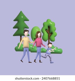  Family and children spending time together. Walking family concept.. Realistic 3d object cartoon style. Vector colorful illustration.