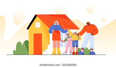 Family with children stand front of house facade. Happy couple with kids buying real estate property. Parents characters with son and daughter move to new home, mortgage, Linear vector illustration