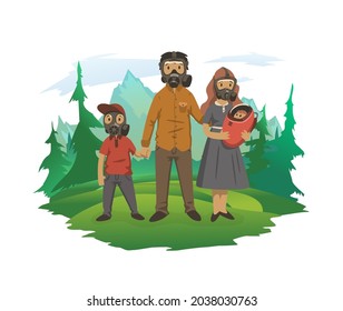 A family with children is standing in gas masks in nature. A concept on the topic of air pollution, environmental protection. Vector illustration, isolated on white.