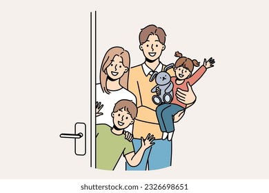 Family with children stands near door, inviting guests to banquet and waving hands in greeting. Young family with kids looks at screen in friendly way, posing on threshold of new apartment.