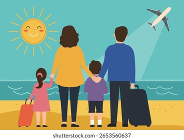 A family with children and suitcases stands against the background of the sea and a flying airplane