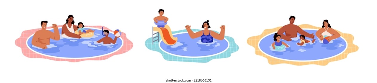 Family with children swimming in water pool. Swimming pool aqua park banners or emblem set with cartoon characters, flat vector illustration isolated on white background
