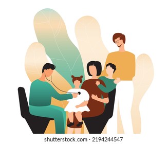 
Family With Children Take Care Of Health, Flat Vector Stock Illustration With General Family Doctor Appointment