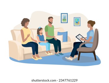 A family with children is in a therapy session in the office of a family psychologist. Consultation, training, problem solving and psychological assistance. Vector illustration in a flat style.