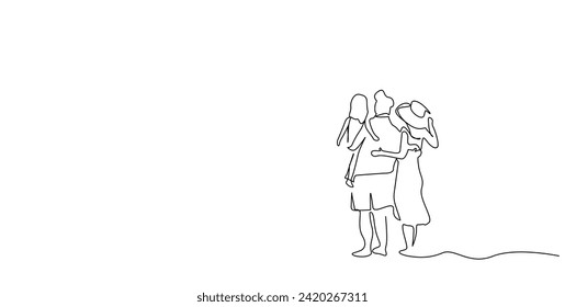 family children together vacation sea hotel looking away back view hug one line art design vector