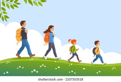 Family with children tourists with backpacks in nature. Father, mother, son and daughter. They walk with a smile on the green grass. Hiking and active lifestyle concept. Vector cartoon illustration