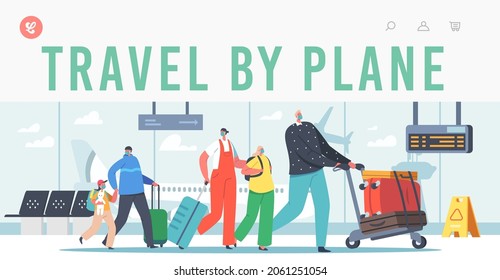 Family with Children Travel by Plane Landing Page Template. Parents and Kids in Airport with Baggage. Father, Mother, Daughter and Son Characters in Masks Traveling. Cartoon People Vector Illustration