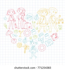 Family with children travel Mother, father, sister, brother. Boys and girls. Kindergarten, preschool children. School kids. Adventure, exploration and family vacation or holidays Beach, diving