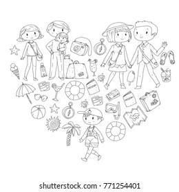 Family with children travel Mother, father, sister, brother. Boys and girls. Kindergarten, preschool children. School kids. Adventure, exploration and family vacation or holidays Beach, diving