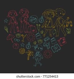 Family with children travel Mother, father, sister, brother. Boys and girls. Kindergarten, preschool children. School kids. Adventure, exploration and family vacation or holidays Beach, diving