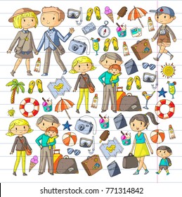 Family with children travel Mother, father, sister, brother. Boys and girls. Kindergarten, preschool children. School kids. Adventure, exploration and family vacation or holidays Beach, diving