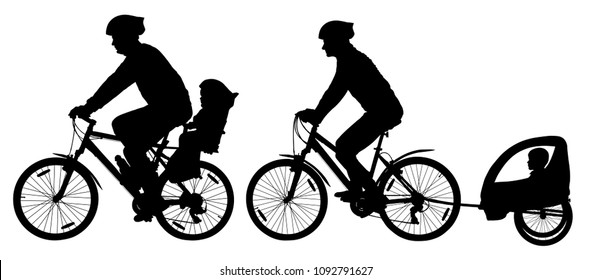 Family with children traveling on bikes. Mountain bike silhouette. Cyclist with a child stroller. City cycling family vector