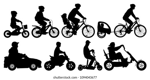 Family with children traveling on bikes. Mountain bike. Cyclist with a child stroller. City cycling family. Children transport, car, scooter, motorcycle. Amusement park. Silhouette vector set