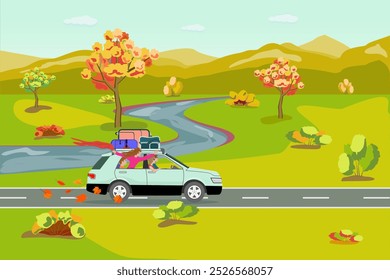 Una familia con niños viaja en automóvil en la temporada de otoño, a lo largo de la carretera con el telón de fondo de una llanura, un río y montañas. En el maletero del coche hay una maleta, una bolsa de deporte, una tienda de campaña.